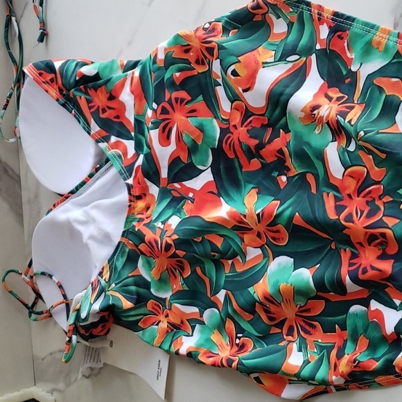 Grace Karin Halter One Piece Swimsuit Deep V Neck Green & Red Floral Pattern S - Picture 6 of 9